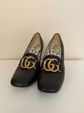 Gucci Marmont Black Leather GG Block Heel Pumps 3.5” Preloved